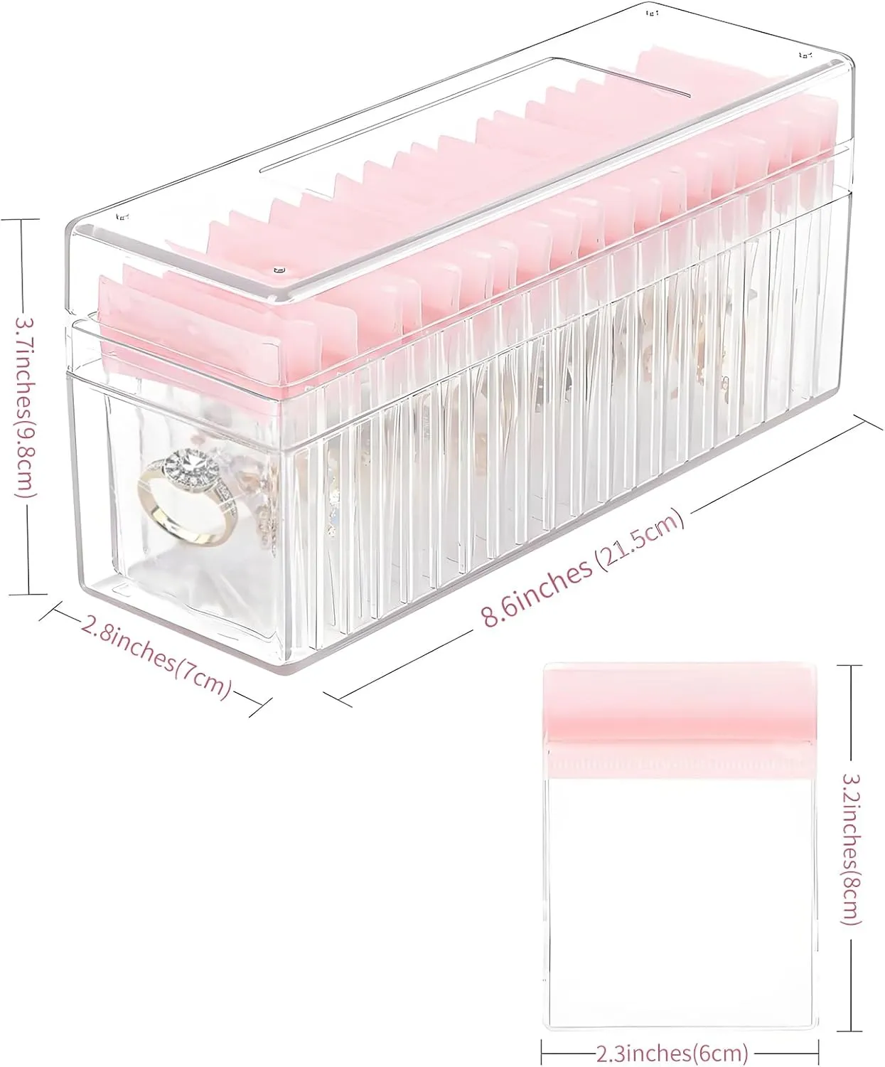 Inmorven 8.6"x2.8"x3.7" Clear Acrylic Travel Jewelry Box Organizer with Lid, 20 Pieces 2x3 Inches Pink Small Zip Portable Storage bags for Rings, Earrings, Necklace, Bracelet
