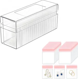 Inmorven 8.6"x2.8"x3.7" Clear Acrylic Travel Jewelry Box Organizer with Lid, 20 Pieces 2x3 Inches Pink Small Zip Portable Storage bags for Rings, Earrings, Necklace, Bracelet
