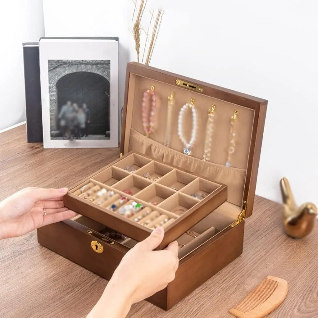 Jewelry Box Vintage Wooden Storage Necklace Earrings Watch Organizer(1)
