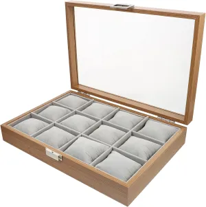 Jewelry Organizer Wood Watch Case with Slot Display Tray and Removable Pillows Transparent Lid Elegant Design for Watch Collection Great