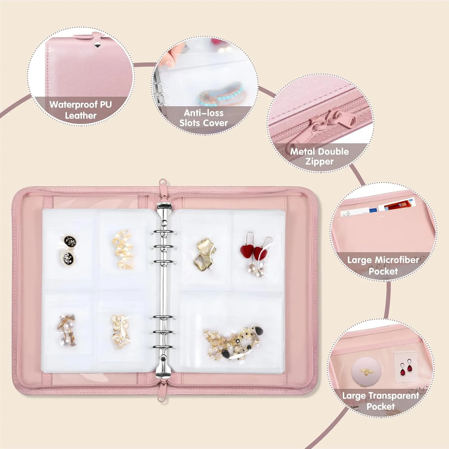 Jewelry Travel Organizer Case, PU Leather Portable Jewelry Storage Book with Transparent Pockets Zipper Bag for Necklaces, Earrings, Bracelets(48 Grids 48 Thicken PVC Bags), Rose Gold