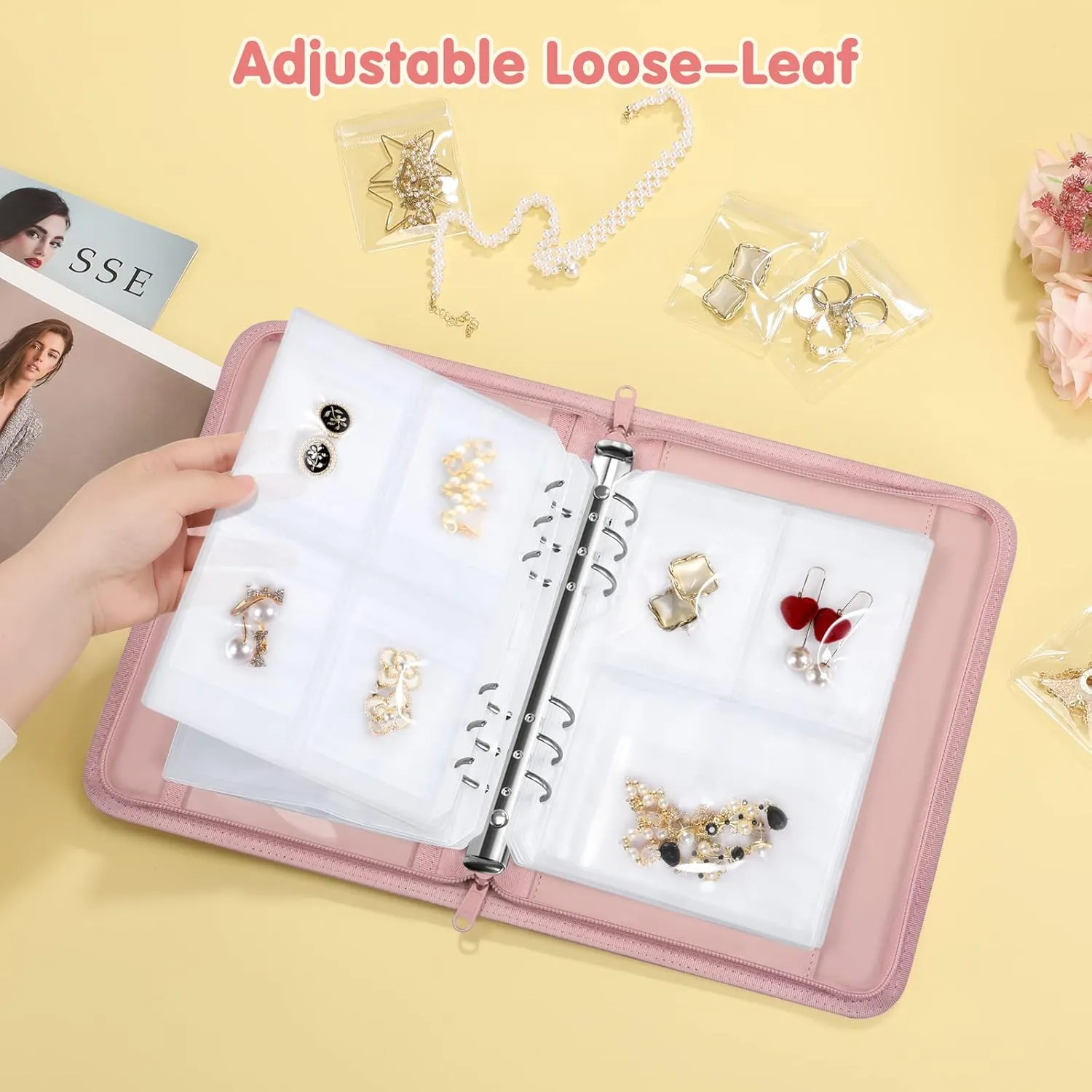 Jewelry Travel Organizer Case, PU Leather Portable Jewelry Storage Book with Transparent Pockets Zipper Bag for Necklaces, Earrings, Bracelets(48 Grids 48 Thicken PVC Bags), Rose Gold