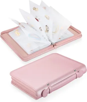 Jewelry Travel Organizer Case, PU Leather Portable Jewelry Storage Book with Transparent Pockets Zipper Bag for Necklaces, Earrings, Bracelets(48 Grids 48 Thicken PVC Bags), Rose Gold