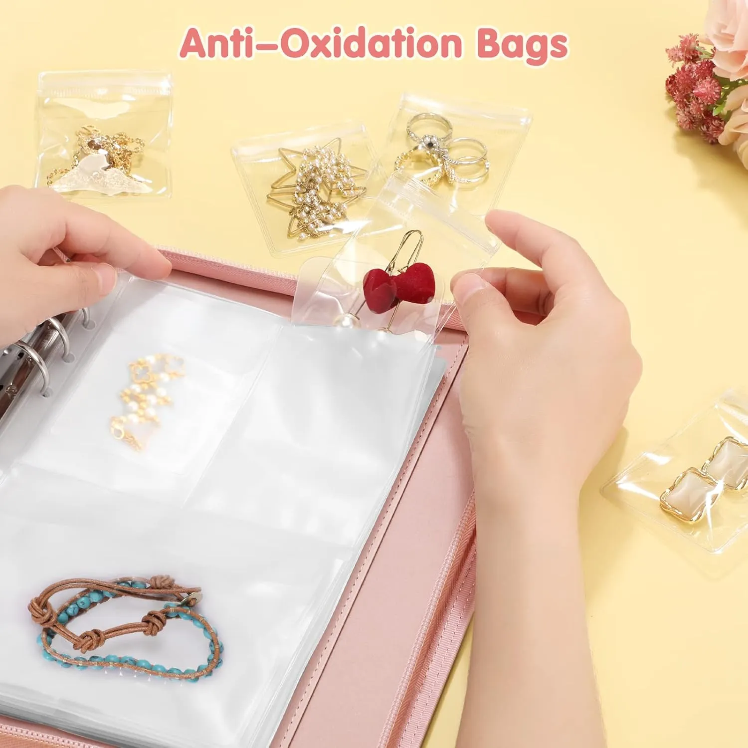 Jewelry Travel Organizer Case, PU Leather Portable Jewelry Storage Book with Transparent Pockets Zipper Bag for Necklaces, Earrings, Bracelets(48 Grids 48 Thicken PVC Bags), Rose Gold
