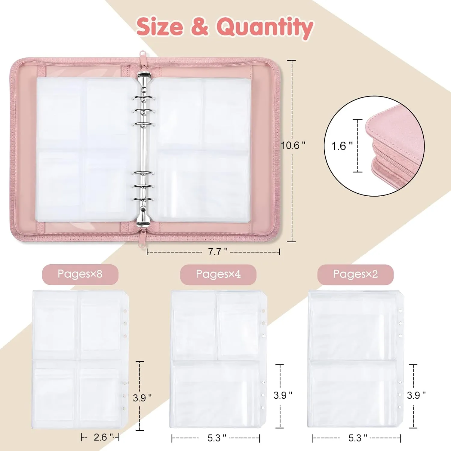 Jewelry Travel Organizer Case, PU Leather Portable Jewelry Storage Book with Transparent Pockets Zipper Bag for Necklaces, Earrings, Bracelets(48 Grids 48 Thicken PVC Bags), Rose Gold