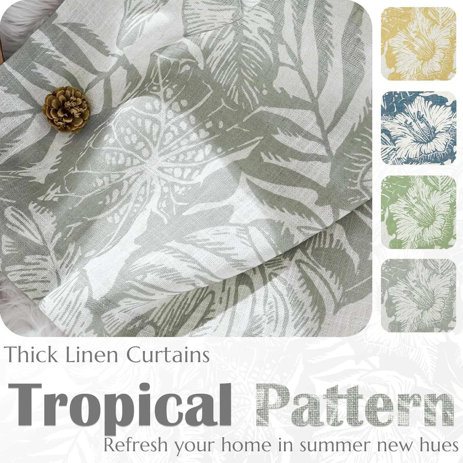 jinchan Thick Floral Linen Curtains 96 Inches Long Leaf Pattern Curtains for Living Room Bedroom Grey William Morris Drapes Tropical French Country Farmhouse Set 2 Panels