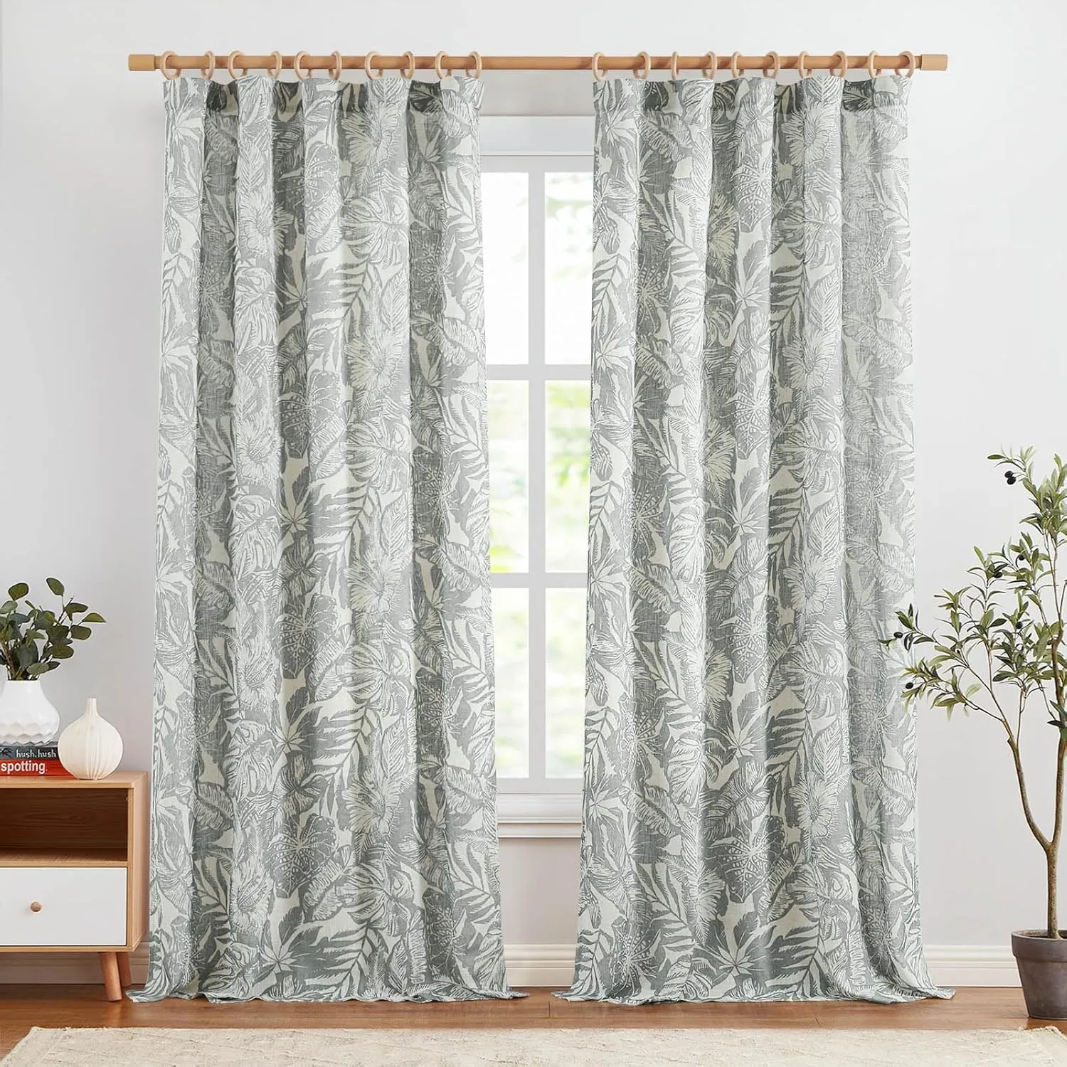 jinchan Thick Floral Linen Curtains 96 Inches Long Leaf Pattern Curtains for Living Room Bedroom Grey William Morris Drapes Tropical French Country Farmhouse Set 2 Panels