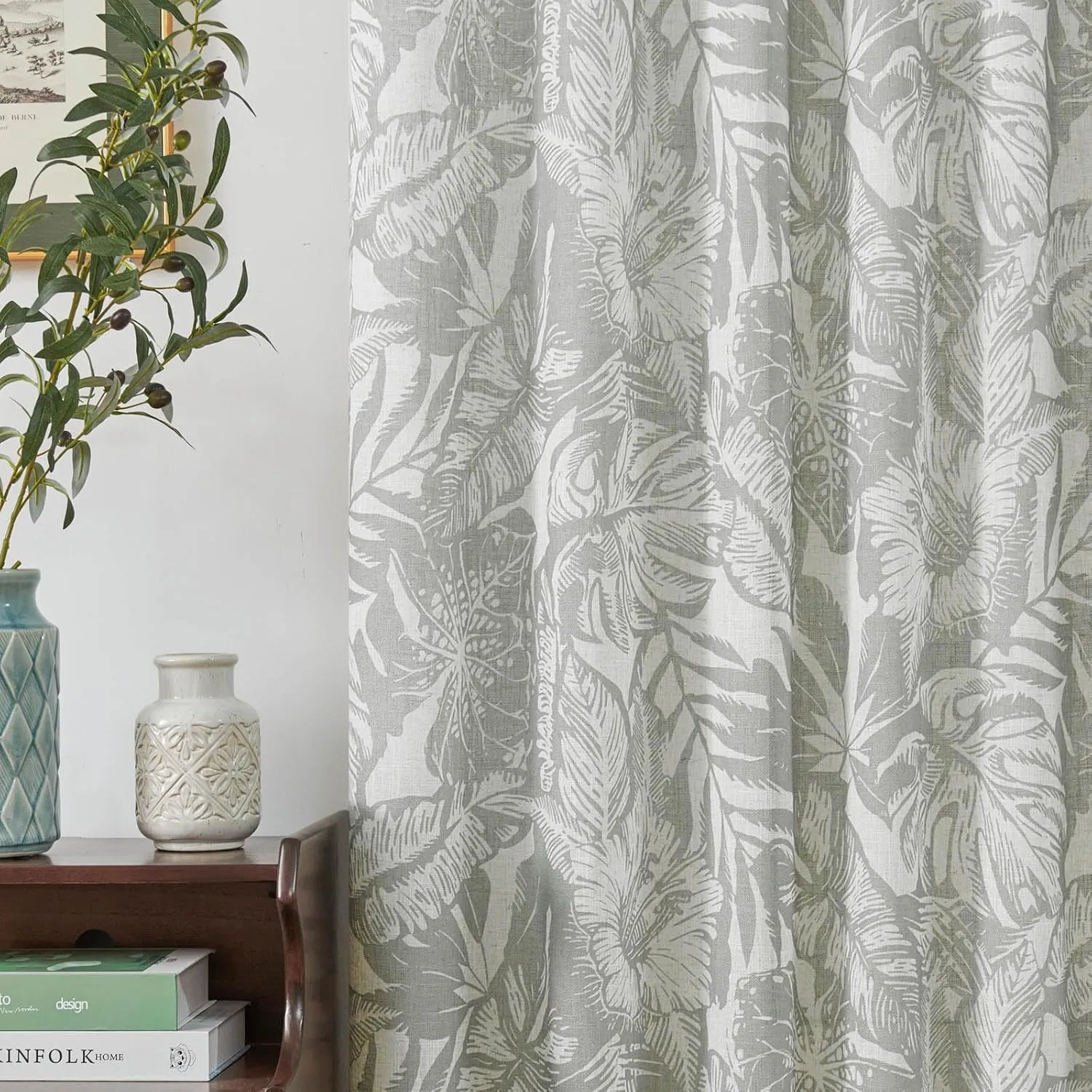 jinchan Thick Floral Linen Curtains 96 Inches Long Leaf Pattern Curtains for Living Room Bedroom Grey William Morris Drapes Tropical French Country Farmhouse Set 2 Panels