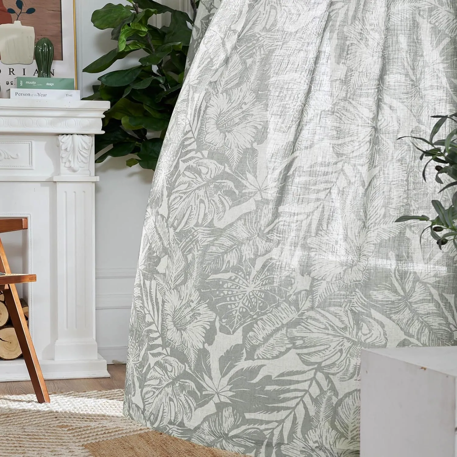 jinchan Thick Floral Linen Curtains 96 Inches Long Leaf Pattern Curtains for Living Room Bedroom Grey William Morris Drapes Tropical French Country Farmhouse Set 2 Panels