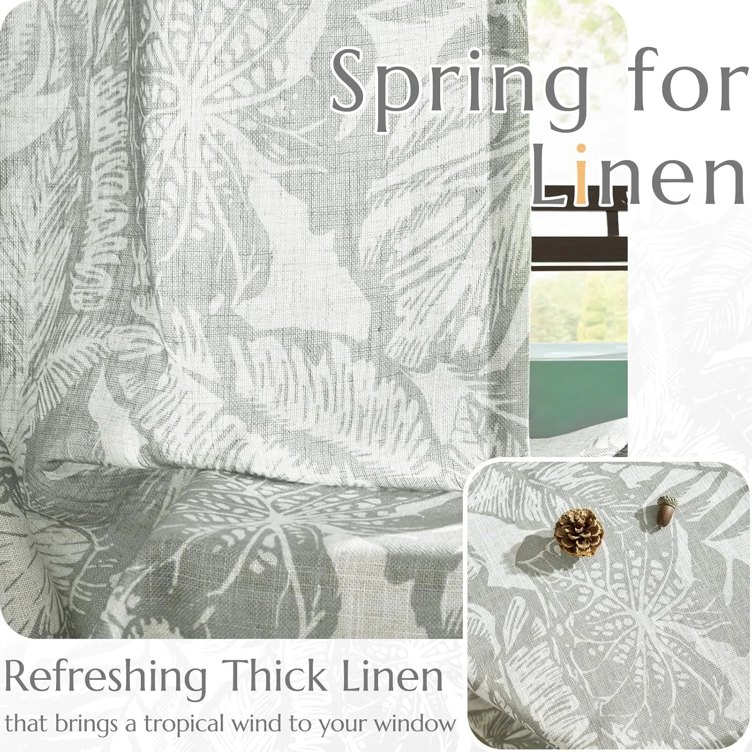 jinchan Thick Floral Linen Curtains 96 Inches Long Leaf Pattern Curtains for Living Room Bedroom Grey William Morris Drapes Tropical French Country Farmhouse Set 2 Panels