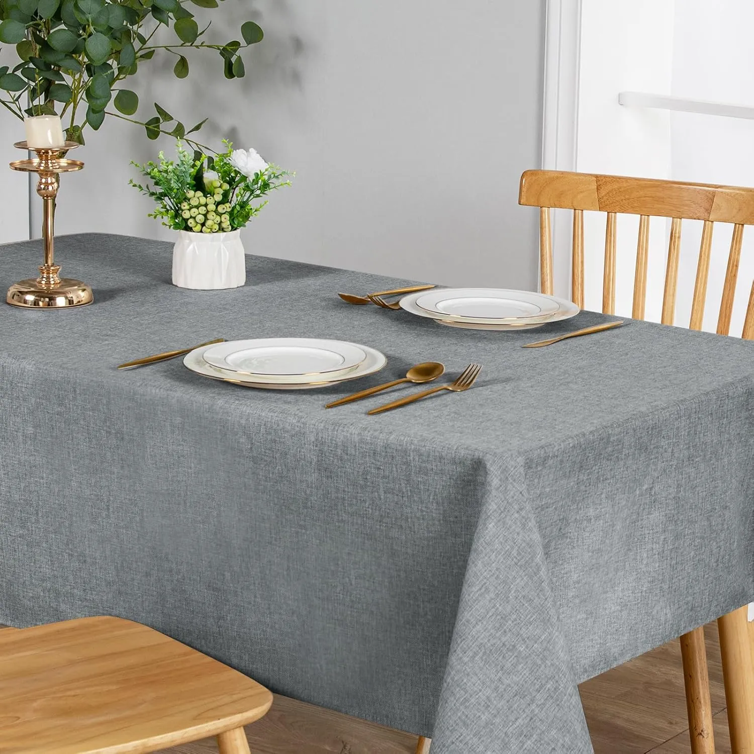JIUZHEN 2 Pack Faux Linen Farmhouse Tablecloth Rectangular, Wrinkle Stain Resistant Table Cloth Rectangle Table Cover for Kitchen Dining, Grey, 52 x 70 Inch