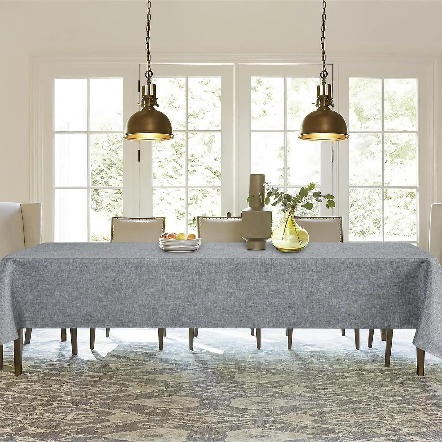 JIUZHEN 2 Pack Faux Linen Farmhouse Tablecloth Rectangular, Wrinkle Stain Resistant Table Cloth Rectangle Table Cover for Kitchen Dining, Grey, 52 x 70 Inch