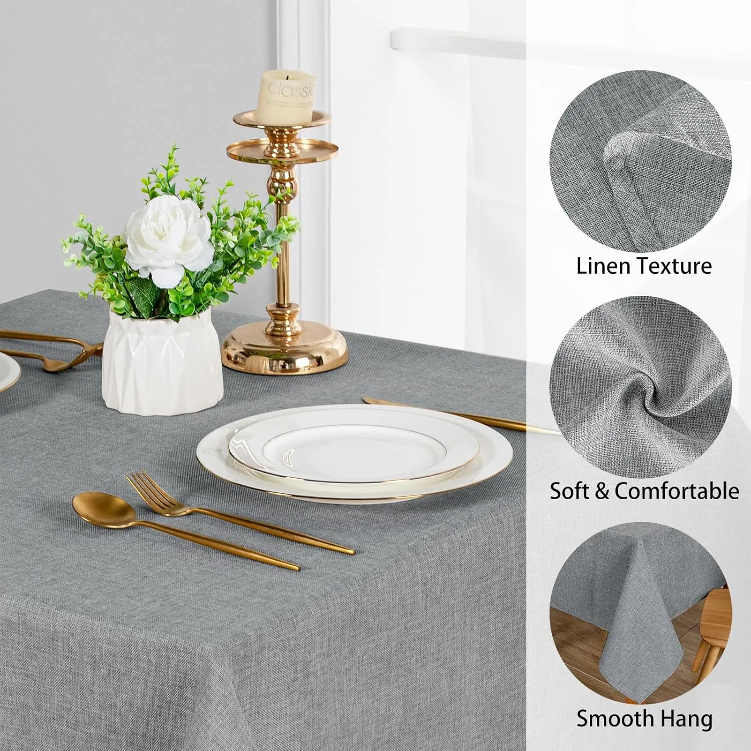 JIUZHEN 2 Pack Faux Linen Farmhouse Tablecloth Rectangular, Wrinkle Stain Resistant Table Cloth Rectangle Table Cover for Kitchen Dining, Grey, 52 x 70 Inch