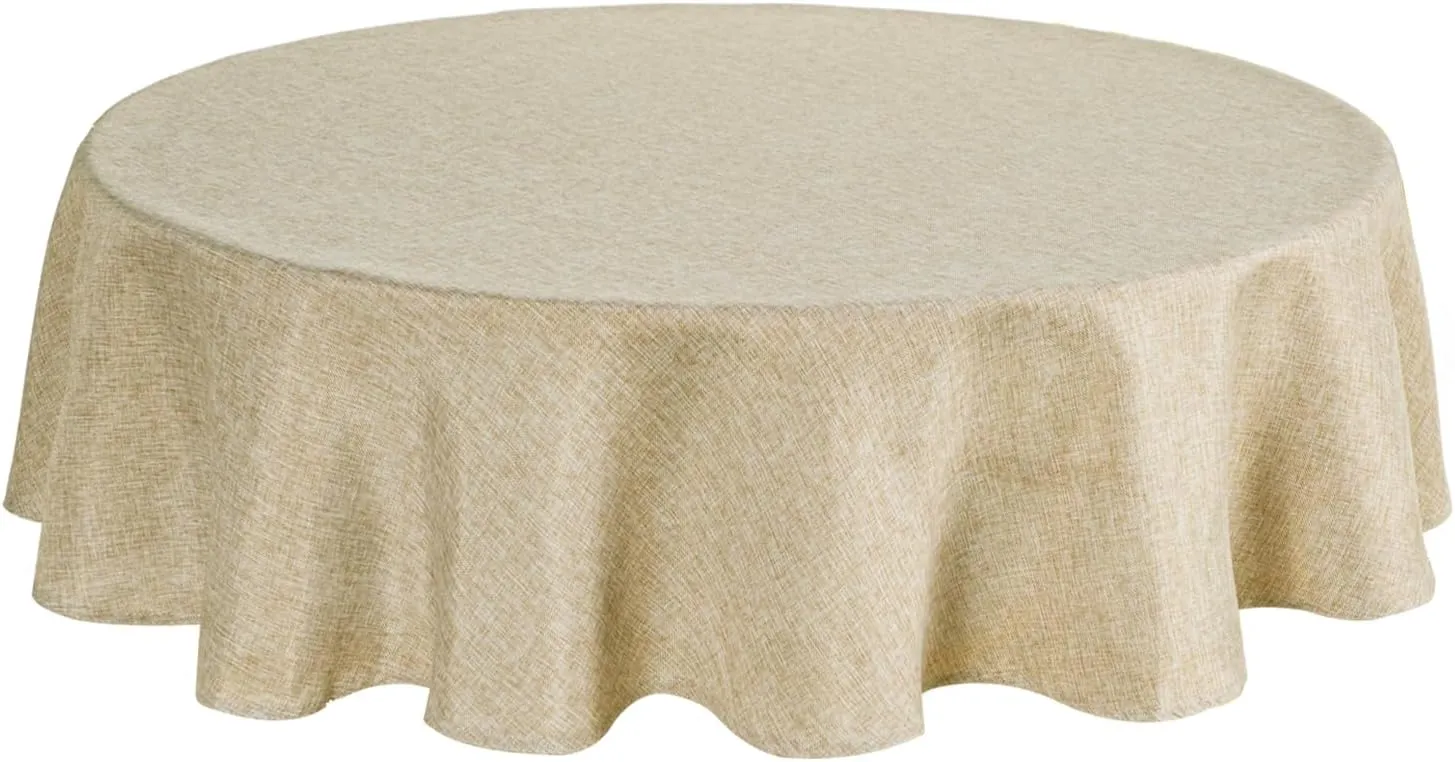 JIUZHEN Round Table Cloth Faux Linen Farmhouse Tablecloth Wrinkle and Stain Resistant Decorative Fabric Table Cover for Kitchen, Dining Room, Parties and Camping, Beige, 90 Inch Round