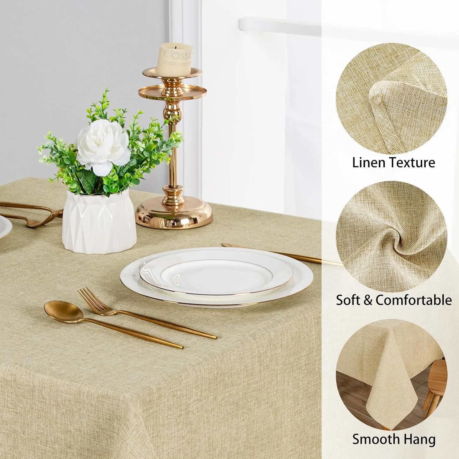 JIUZHEN Round Table Cloth Faux Linen Farmhouse Tablecloth Wrinkle and Stain Resistant Decorative Fabric Table Cover for Kitchen, Dining Room, Parties and Camping, Beige, 90 Inch Round