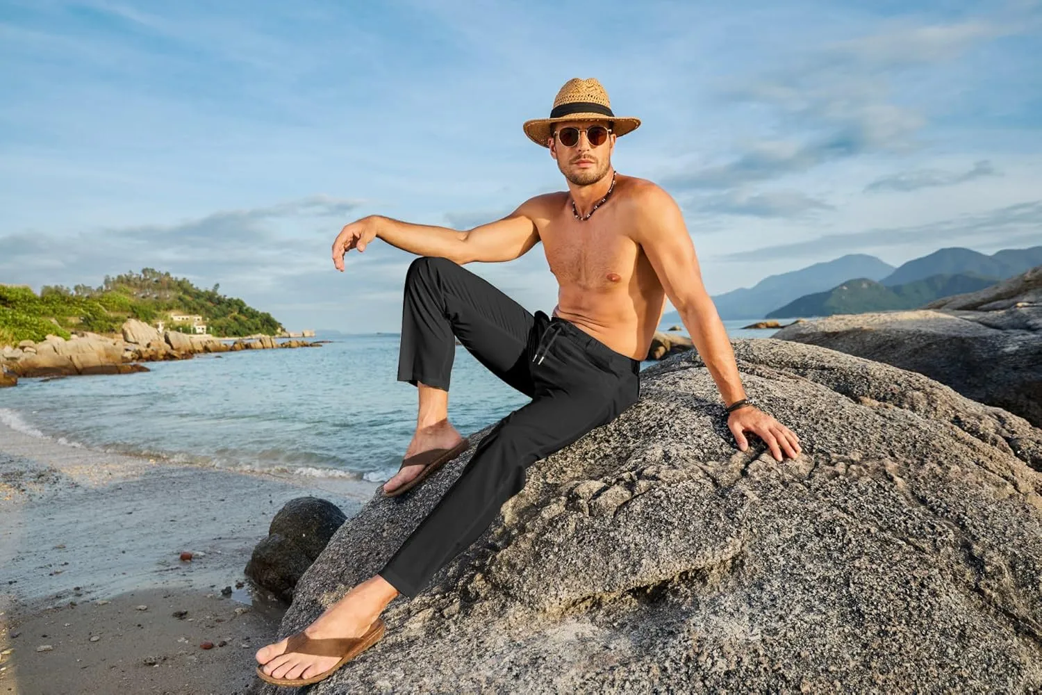JMIERR Men's Linen Drawstring Pants Elastic Waist Drawstring Lightweight Trouser Casual Yoga Summer Beach Pant