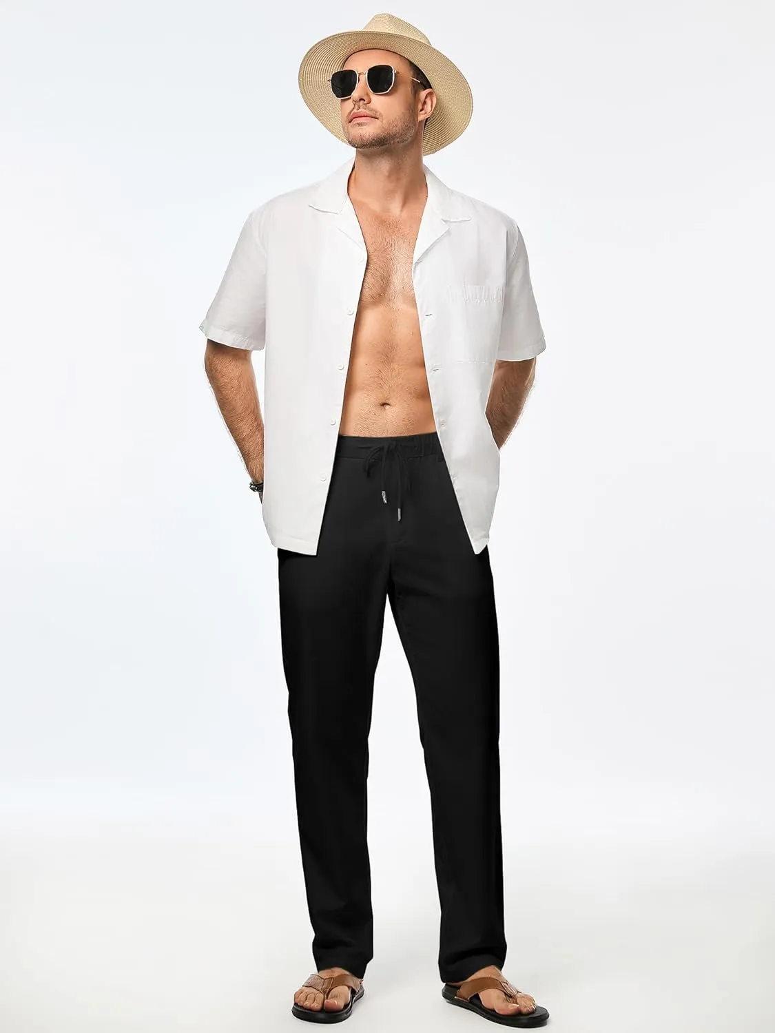 JMIERR Men's Linen Drawstring Pants Elastic Waist Drawstring Lightweight Trouser Casual Yoga Summer Beach Pant