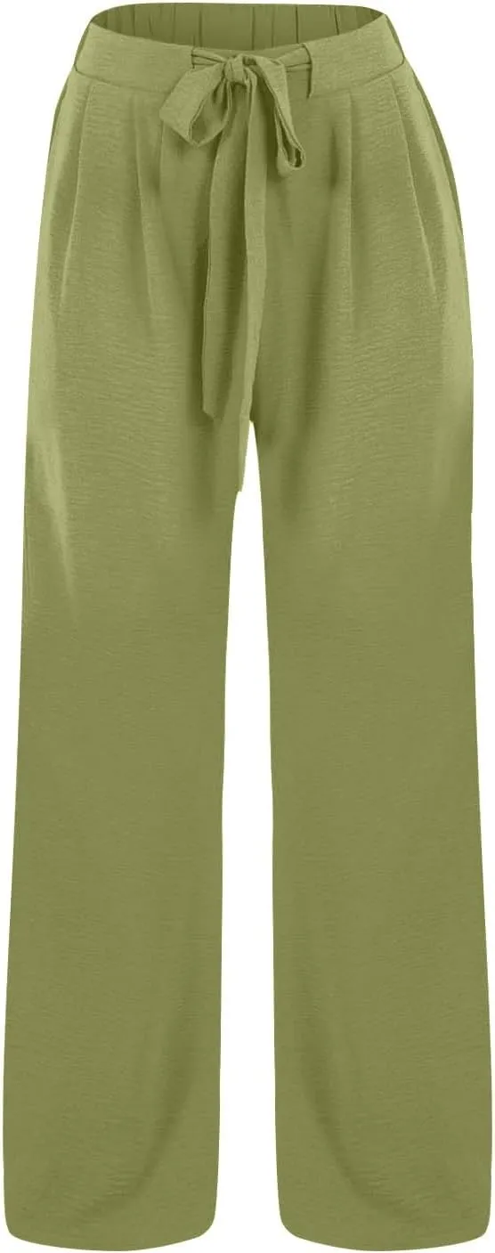 JOAU Women Wide Leg Palazzo Pants Summer High Waist Flowy Casual Trousers Dressy Loose Lounge Beach Vacation Belted Pants