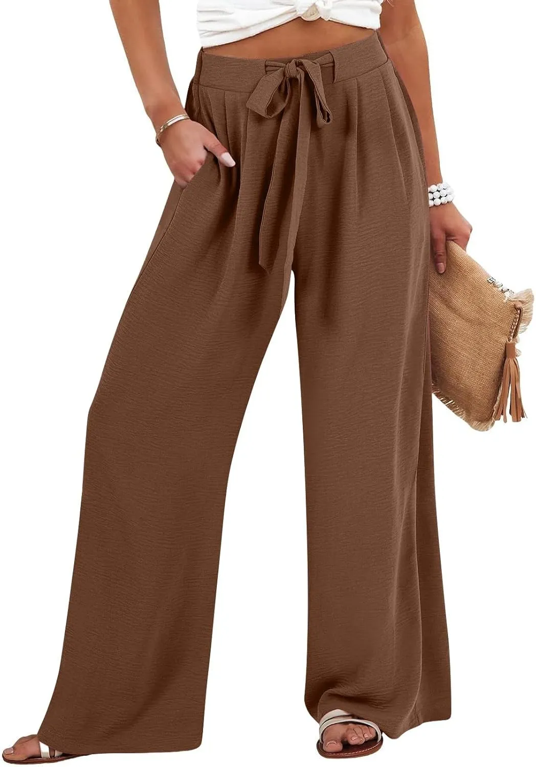 JOAU Women Wide Leg Palazzo Pants Summer High Waist Flowy Casual Trousers Dressy Loose Lounge Beach Vacation Belted Pants