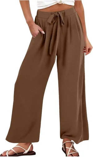 JOAU Women Wide Leg Palazzo Pants Summer High Waist Flowy Casual Trousers Dressy Loose Lounge Beach Vacation Belted Pants
