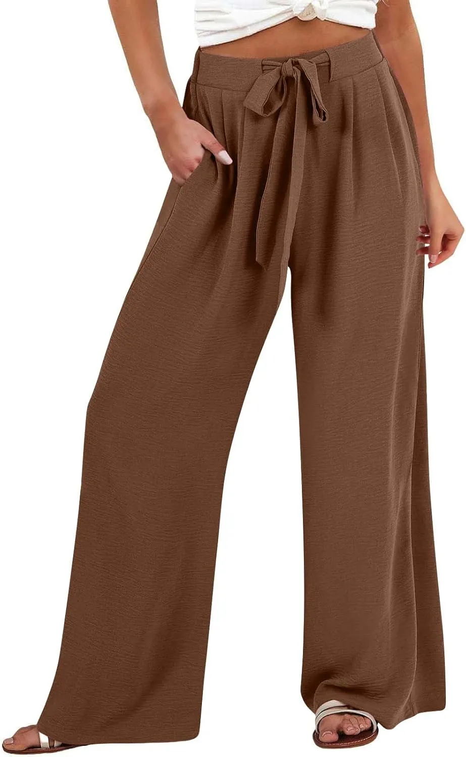 JOAU Women Wide Leg Palazzo Pants Summer High Waist Flowy Casual Trousers Dressy Loose Lounge Beach Vacation Belted Pants