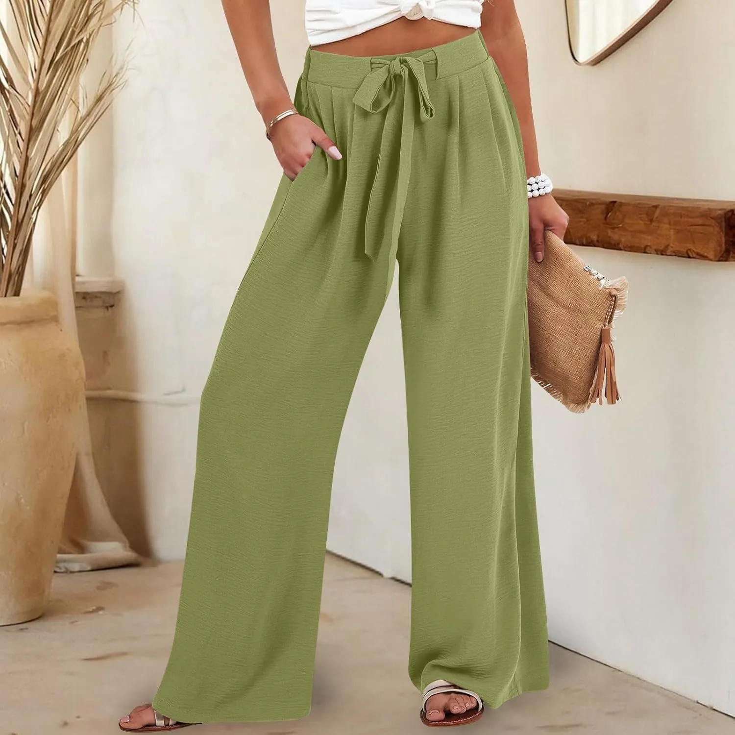 JOAU Women Wide Leg Palazzo Pants Summer High Waist Flowy Casual Trousers Dressy Loose Lounge Beach Vacation Belted Pants