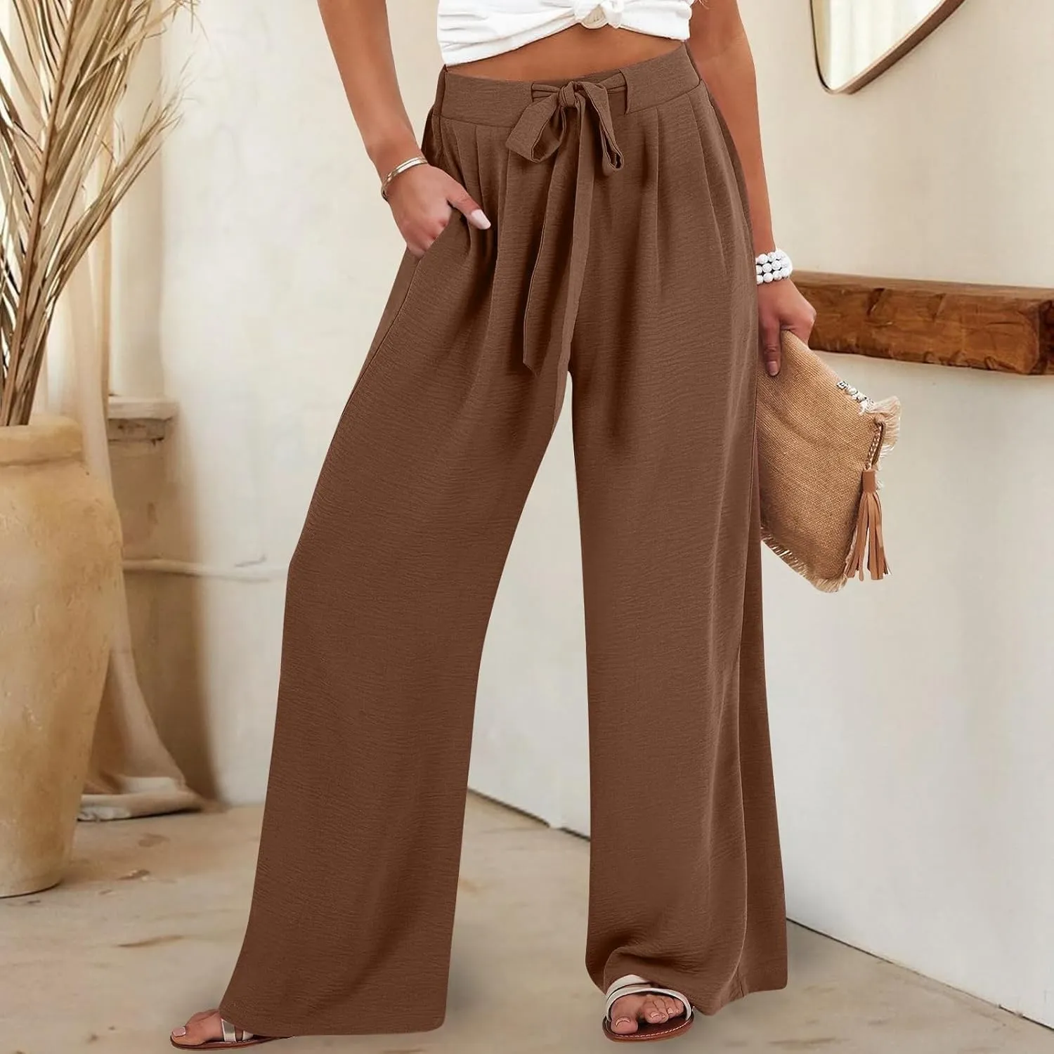 JOAU Women Wide Leg Palazzo Pants Summer High Waist Flowy Casual Trousers Dressy Loose Lounge Beach Vacation Belted Pants