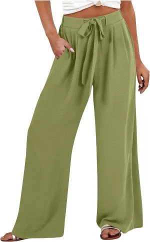 JOAU Women Wide Leg Palazzo Pants Summer High Waist Flowy Casual Trousers Dressy Loose Lounge Beach Vacation Belted Pants