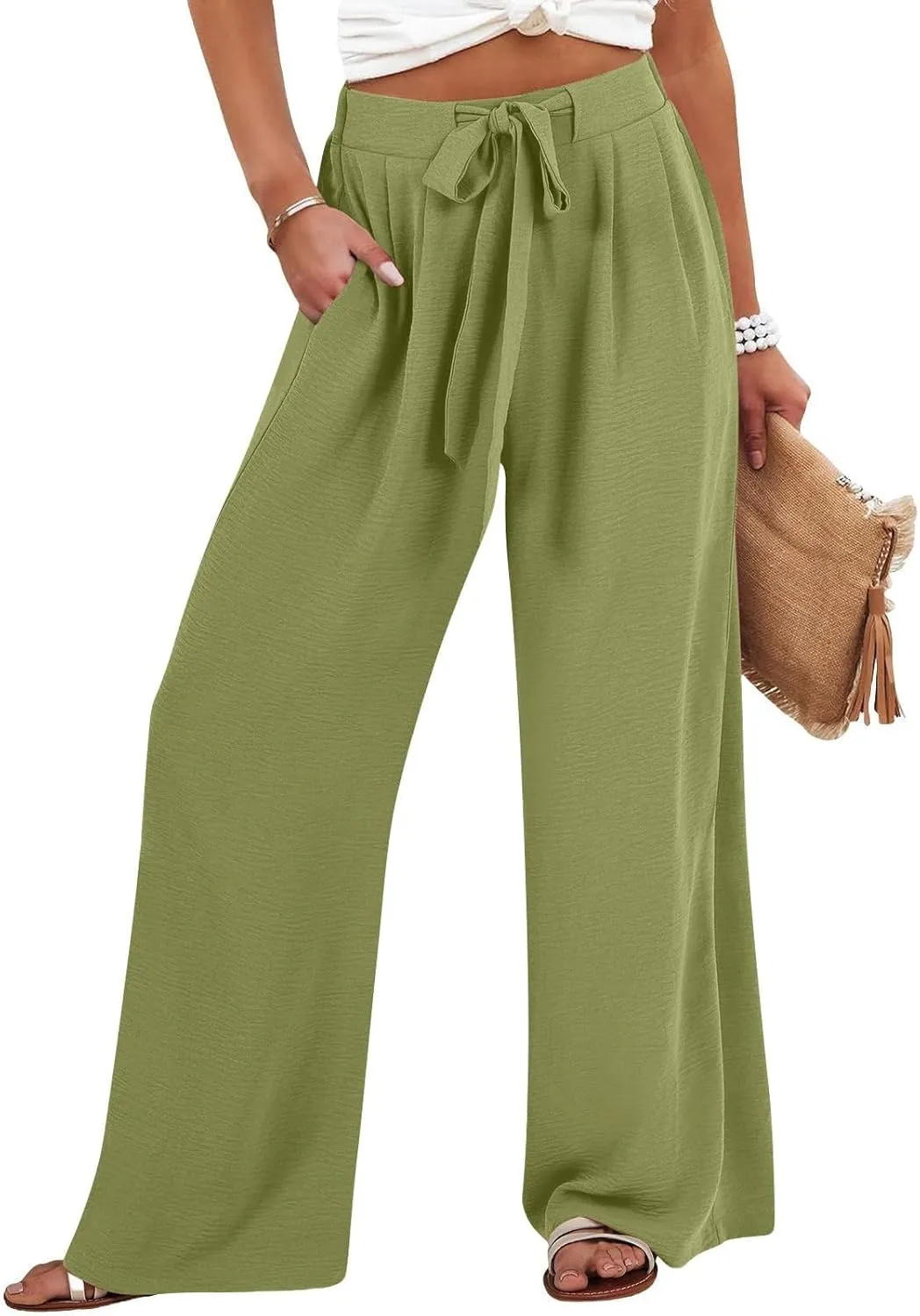 JOAU Women Wide Leg Palazzo Pants Summer High Waist Flowy Casual Trousers Dressy Loose Lounge Beach Vacation Belted Pants