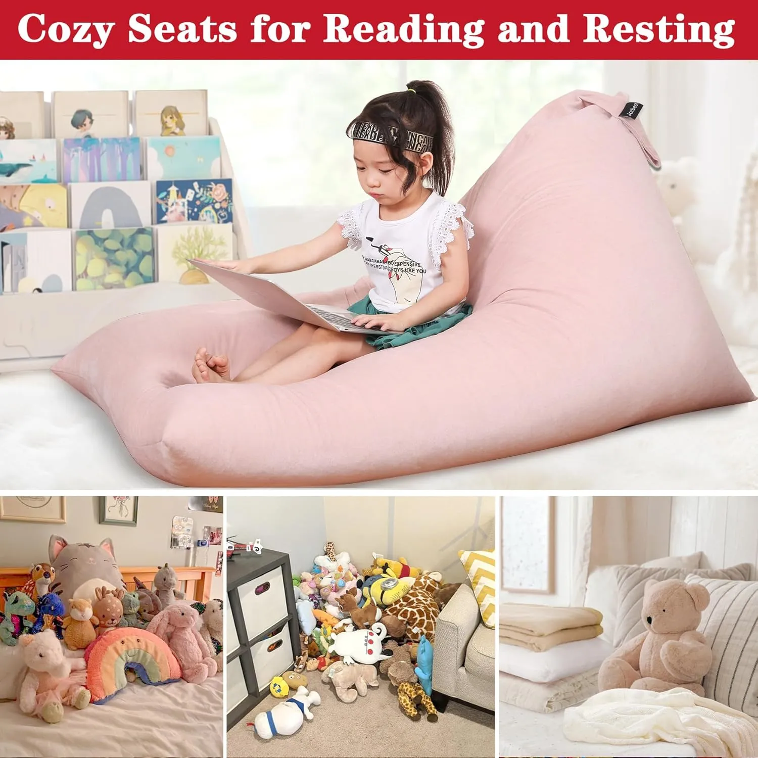 Jorbest Stuffed Animal Storage Bean Bag Chair for Kids and Adults, Luxury Velvet Stuffed Animal Bean Bag Storage, Cover Only(Sweet Pink 200 L/52 Gal)