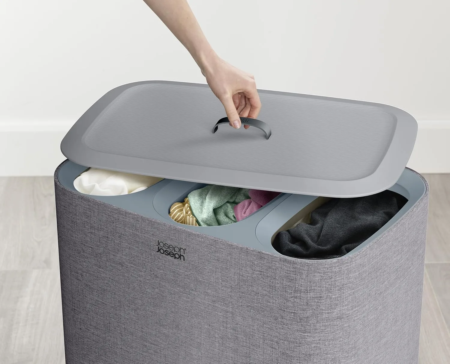 Joseph Joseph Tota Trio 90-liter/23.8 Gallon Laundry Hamper Separation Basket with lid, 3 Removable Washing Bags with Handles, Grey