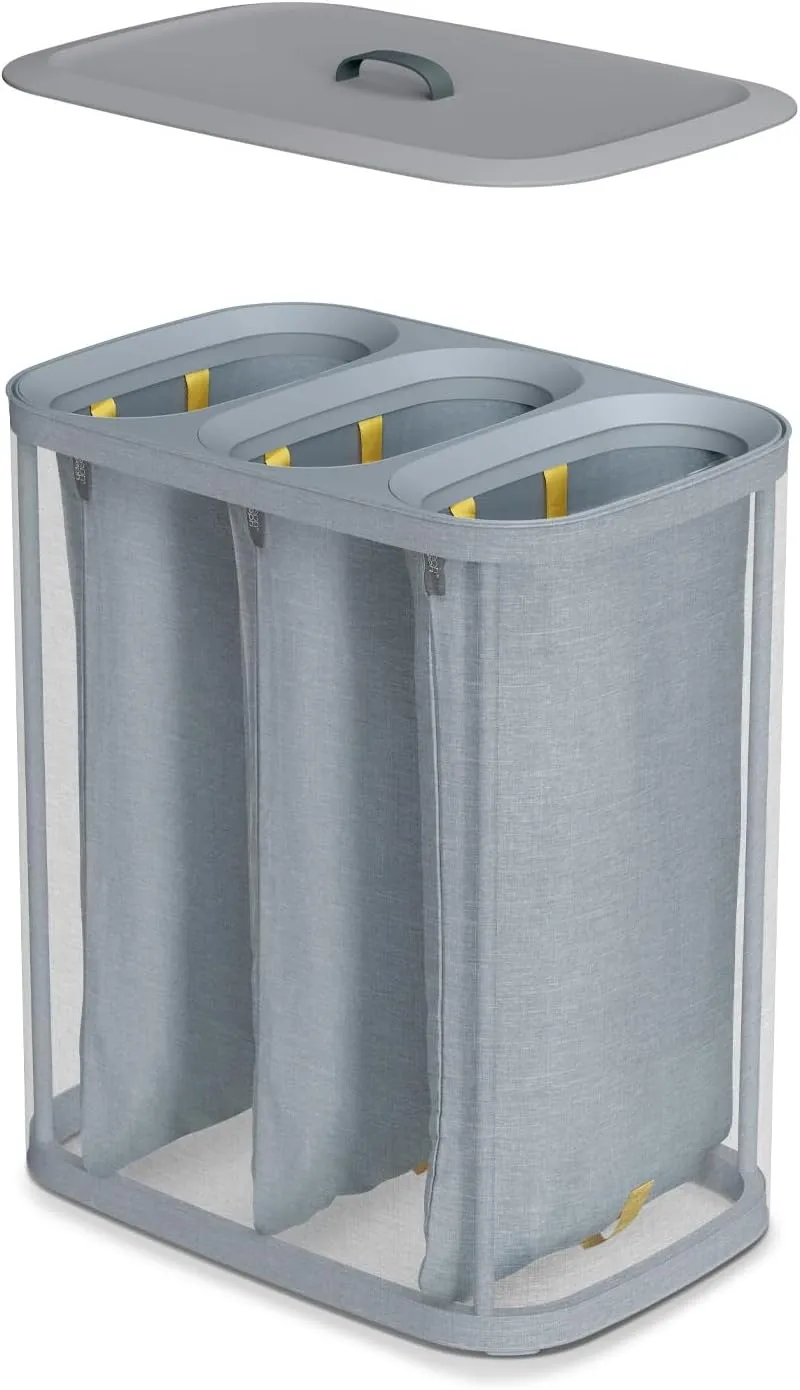 Joseph Joseph Tota Trio 90-liter/23.8 Gallon Laundry Hamper Separation Basket with lid, 3 Removable Washing Bags with Handles, Grey