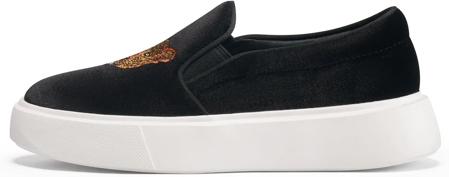 Journey West Women's Fashion Velvet Sneakers with Embroidery Comfortable Slip-On Work Shoes for Women