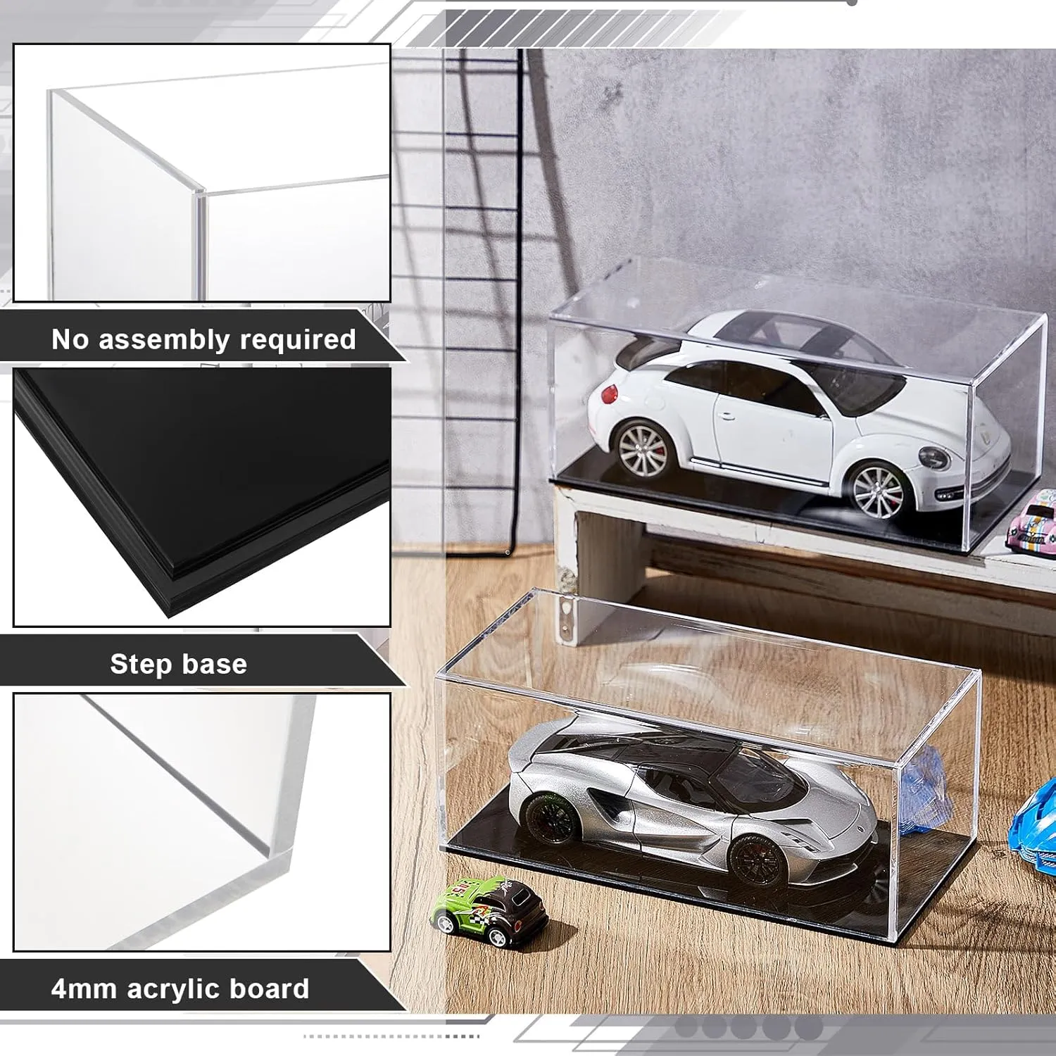 Juexica 2 Pcs Clear Acrylic Model Car Display Case 1:32 Acrylic Display Boxes for Vehicle Model Thick Model Car Display Case Dustproof Showcase with Black Base for Collectibles Memorabilia
