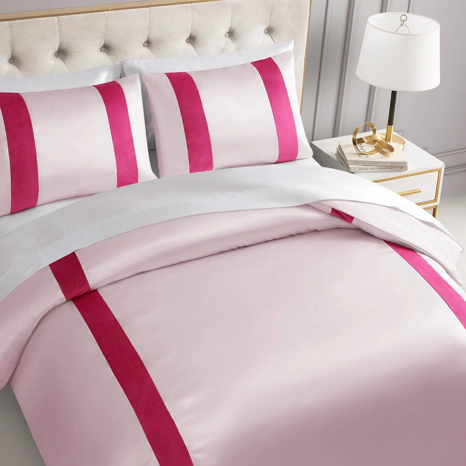 Juicy Couture Velvet Stripe on Satin Pink Full/Queen Duvet Cover Set Set - 3 Piece Luxury Bedding Ensemble