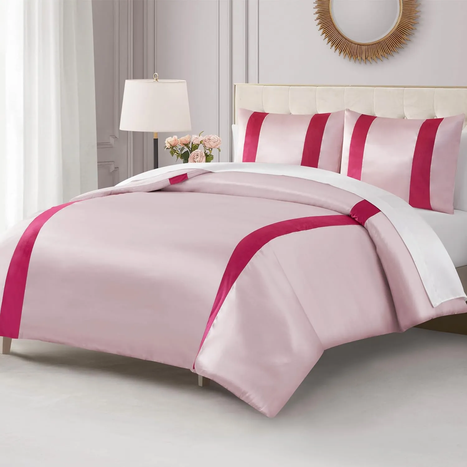 Juicy Couture Velvet Stripe on Satin Pink Full/Queen Duvet Cover Set Set - 3 Piece Luxury Bedding Ensemble