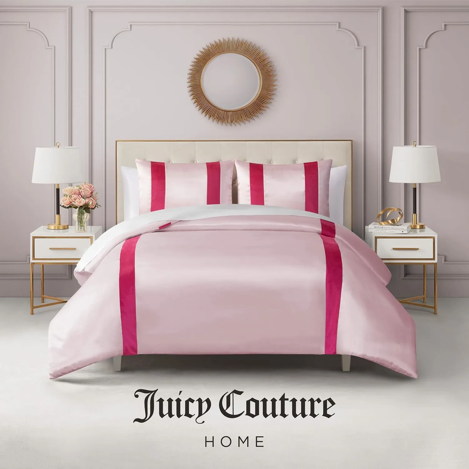 Juicy Couture Velvet Stripe on Satin Pink Full/Queen Duvet Cover Set Set - 3 Piece Luxury Bedding Ensemble