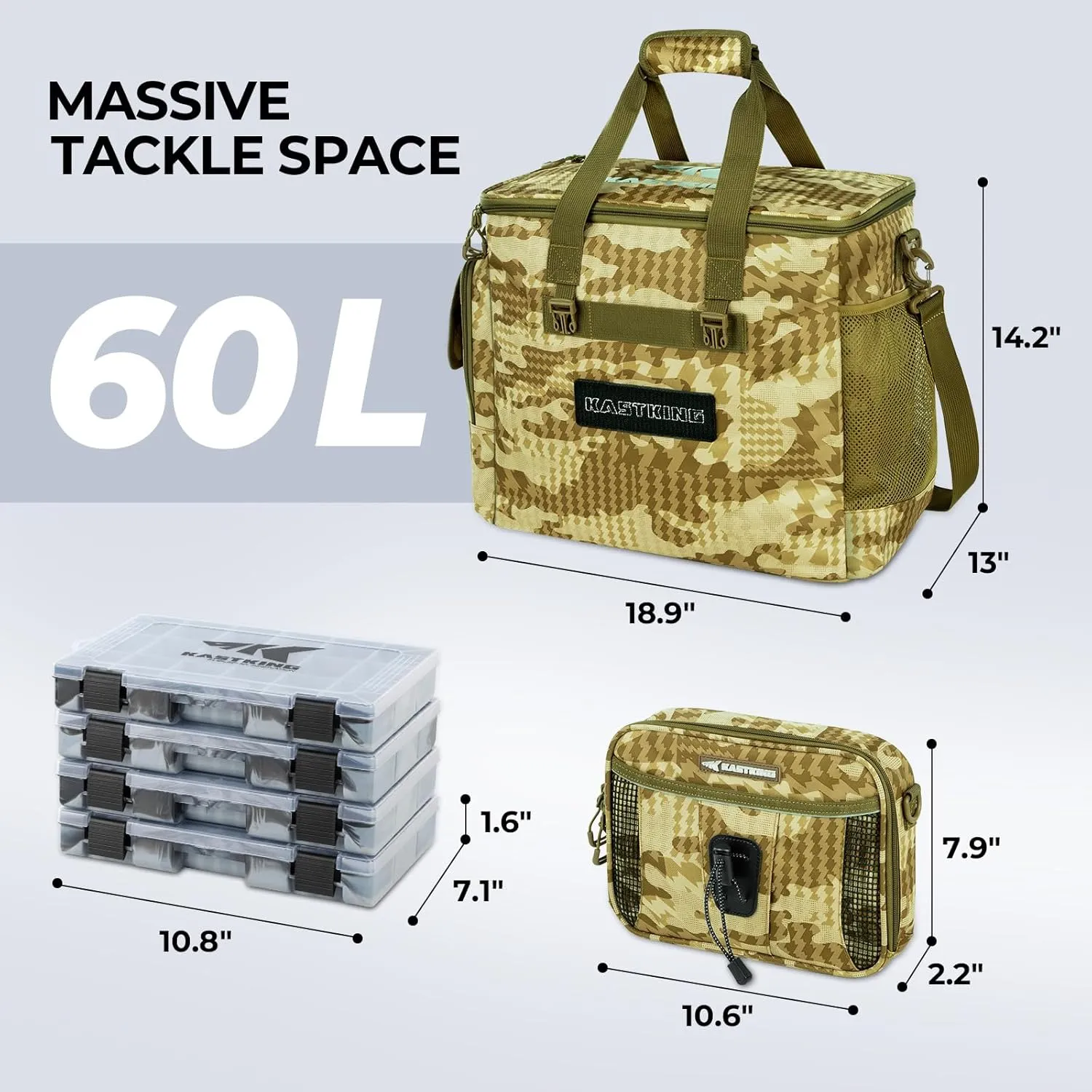 KastKing BaitSpace Fishing Tackle Bag With 4 Tackle Boxes & Removable Bait Binder, Water-Resistant Tackle Storage, Durable Fishing Gear, Adjustable Shoulder Strap