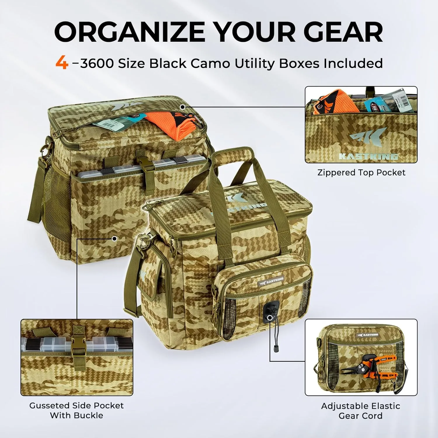 KastKing BaitSpace Fishing Tackle Bag With 4 Tackle Boxes & Removable Bait Binder, Water-Resistant Tackle Storage, Durable Fishing Gear, Adjustable Shoulder Strap