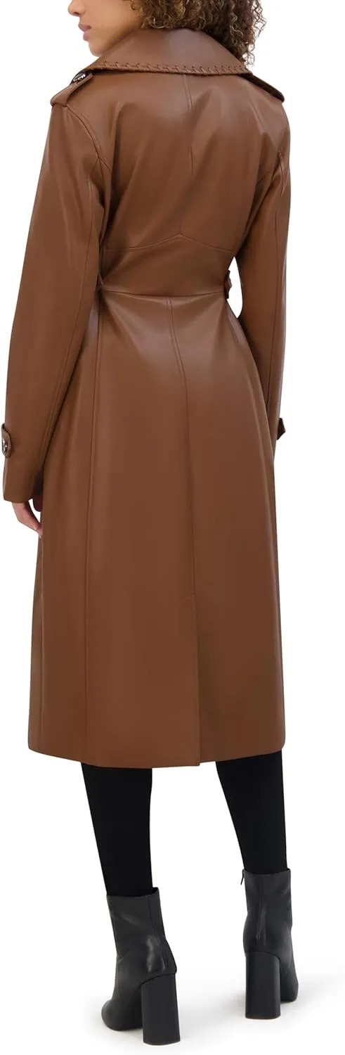 Kenneth Cole Women's Faux Leather Belted Duster with Whip Stitch Detail & Notched Collar