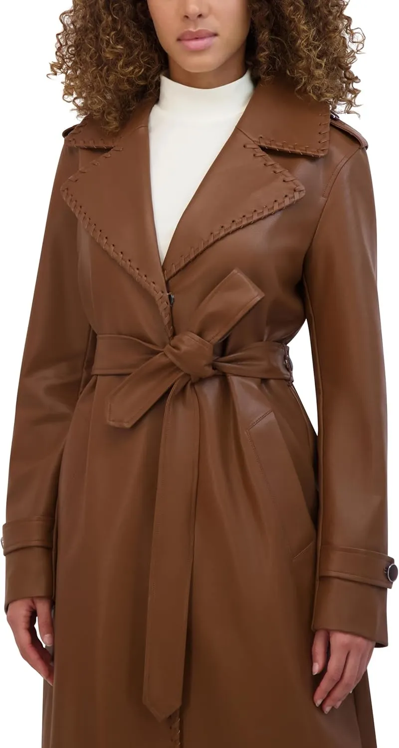 Kenneth Cole Women's Faux Leather Belted Duster with Whip Stitch Detail & Notched Collar