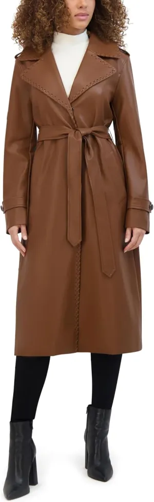 Kenneth Cole Women's Faux Leather Belted Duster with Whip Stitch Detail & Notched Collar