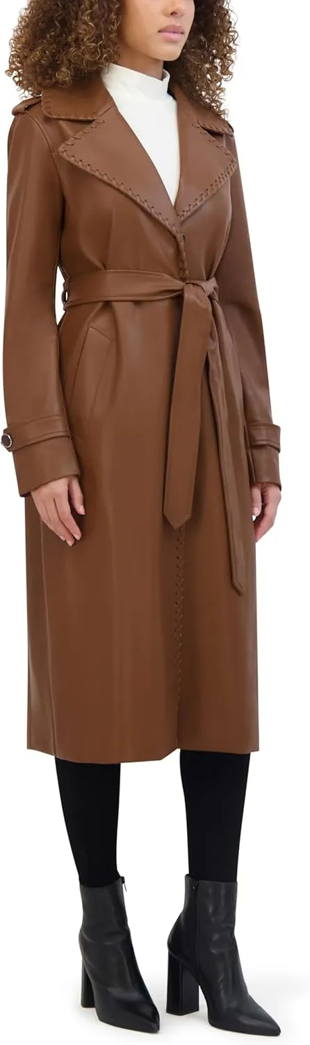 Kenneth Cole Women's Faux Leather Belted Duster with Whip Stitch Detail & Notched Collar