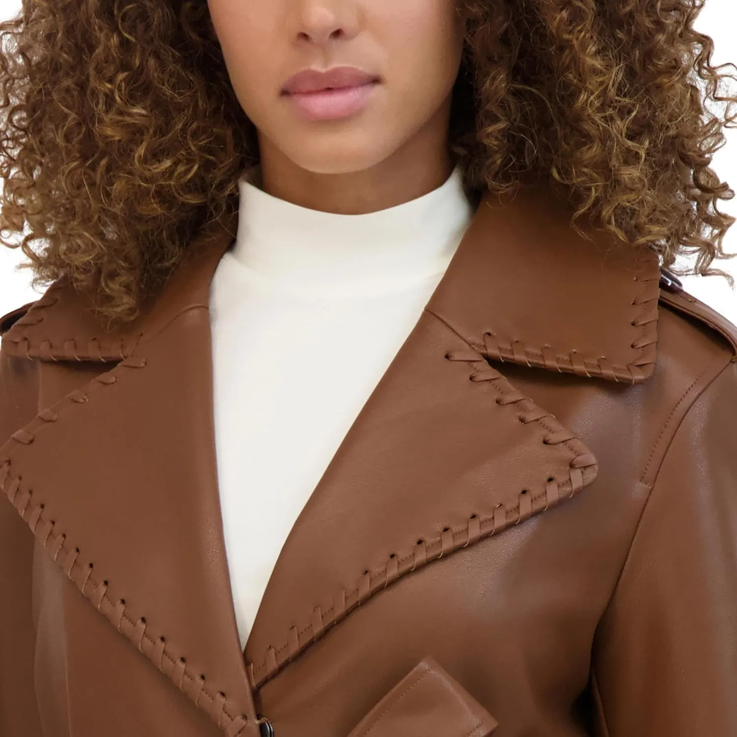 Kenneth Cole Women's Faux Leather Belted Duster with Whip Stitch Detail & Notched Collar