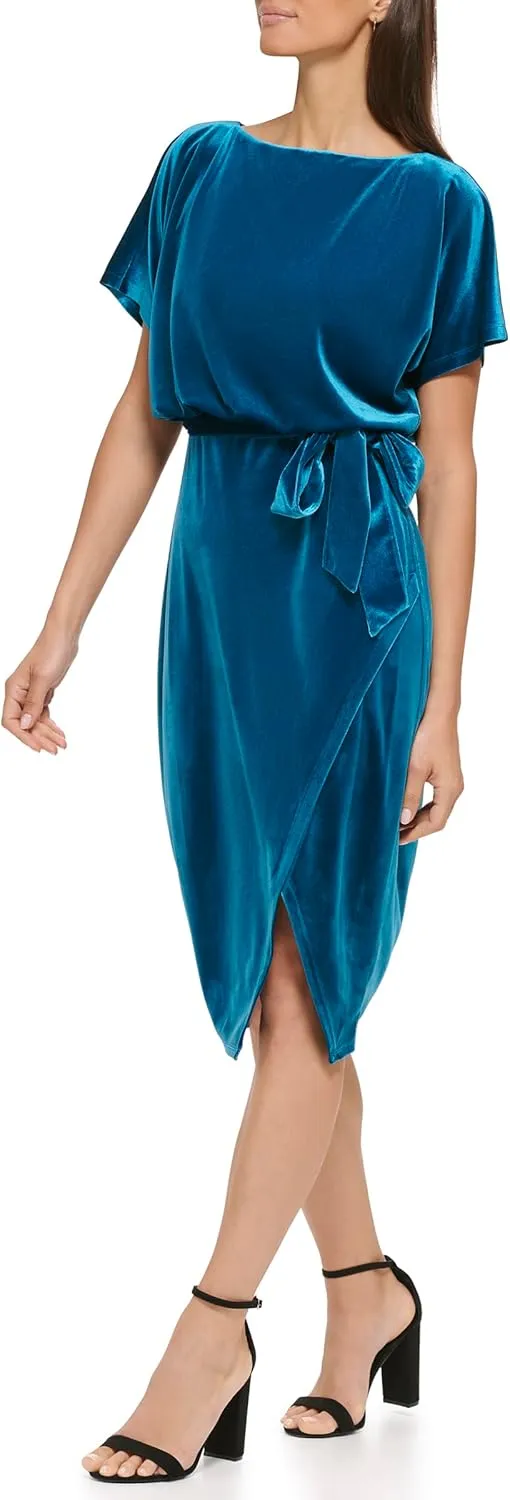 kensie Women's Short Sleeve Tie Waist Midi Dress