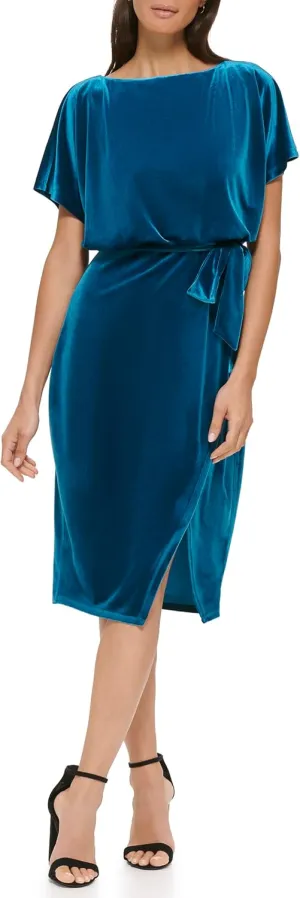 kensie Women's Short Sleeve Tie Waist Midi Dress