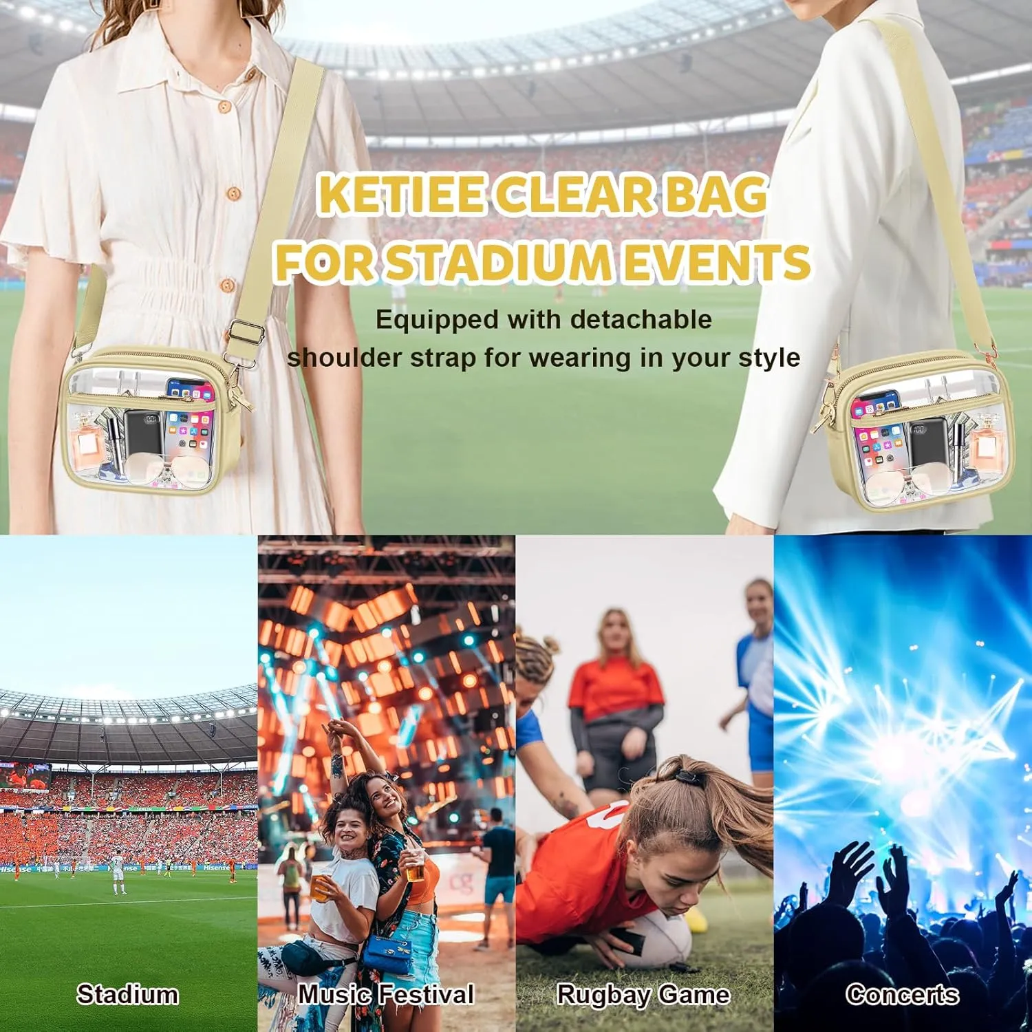 KETIEE Clear Crossbody Bag, Stadium Approved Clear Purse Bag for Concerts Sports Events Festivals