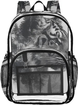 Kids PVC Clear Backpack Tiger Black Double Exposure Heavy Duty Multi-pockets Large Capacity Transparent See Through Bookbag for School Travel Sport Work