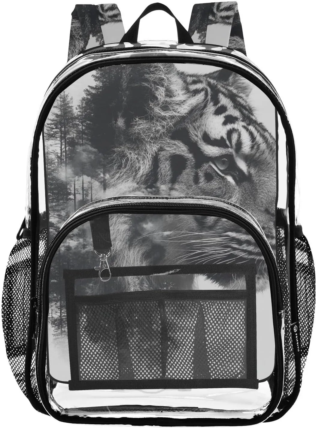 Kids PVC Clear Backpack Tiger Black Double Exposure Heavy Duty Multi-pockets Large Capacity Transparent See Through Bookbag for School Travel Sport Work