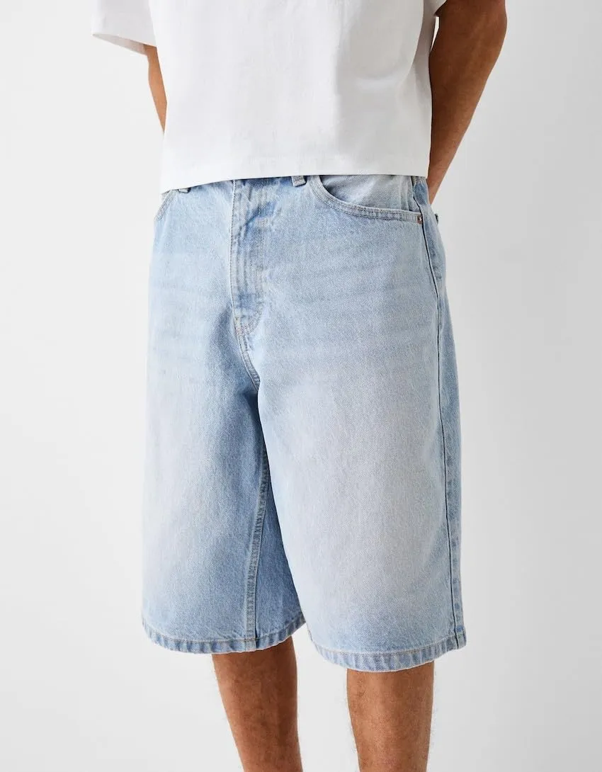 Kinghua Mens Baggy Jean Shorts Casual Loose Fit Hip Hop Skater Knee Length Denim Shorts
